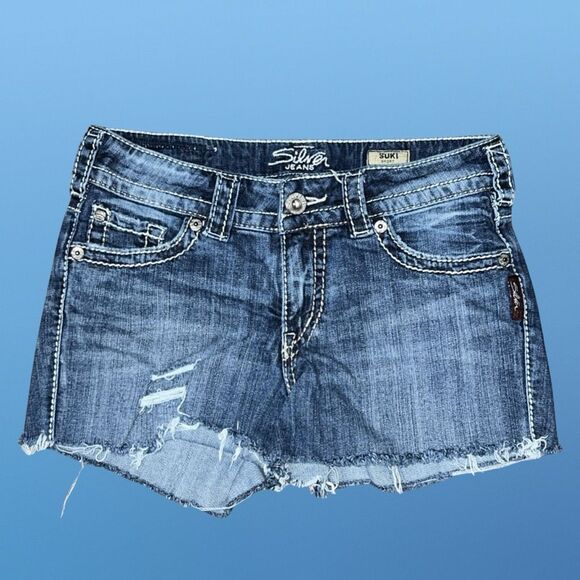 Silver Suki Factory Cut Off Blue Embroidery Denim Shorts Size 28” Waist #81 - Picture 2 of 4